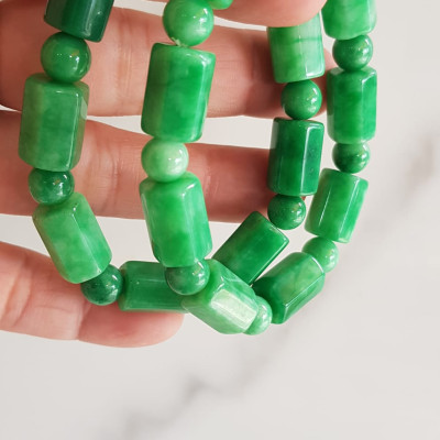 Vòng đeo tay nữ đá cẩm thạch xanh mix kiểu hạt ống vuông dài tròn size 10mm Nữ mệnh mộc hỏa thủy đeo xinh may mắn ạ