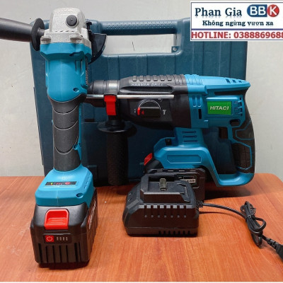 Bộ Combo 2 Máy Gồm Máy Khoan Đục Bê Tông Và Máy Cắt, Máy Mài Cầm Tay Dùng Pin 15 Cell 199V Lõi Đồng - Động Cơ Không Than (Bảo Hành 1 Năm)