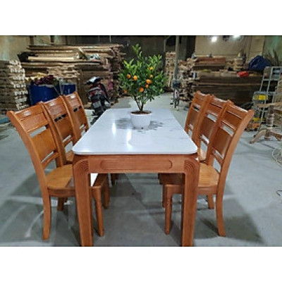 Bàn ghế ăn mặt đá gỗ sồi màu xoan đào cho phòng bếp