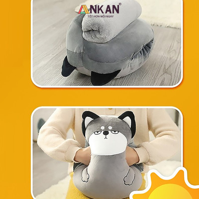 Bộ Chăn Gối Văn Phòng 3 Trong 1 Kiểu Chó Husky Mặt Cộc - Siêu Dễ Thương Dùng Để Giữ Ấm Tay Có Chăn Đắp Và Gối Kê Đầu Vô Cùng Tiện Lợi 