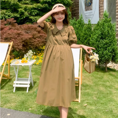 ĐẦM BẦU VÁY BẦU CỔ SEN CÀ PHÊ SỮA  sau sanh có nút mở cho bé ti