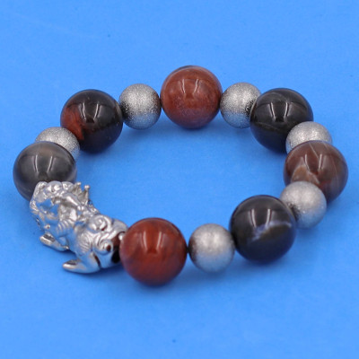 Vòng chuỗi đeo tay gỗ hóa thạch 14 ly ( size lớn ) charm tỳ hưu và bi inox, vòng tay chuỗi hạt