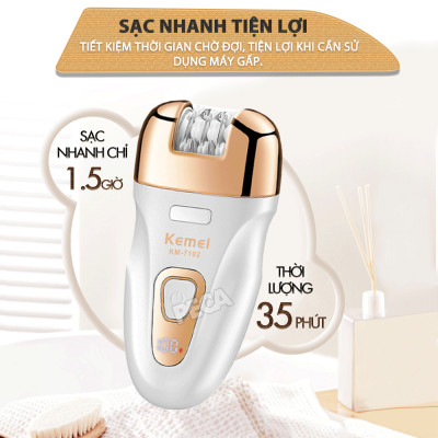 Máy tẩy lông đa năng 3in1 Kemei KM-7102 gồm 3 đầu thay thế chuyên dụng nhổ lông, cạo lông, chà gót chân sử dụng toàn thân - Chính hãng