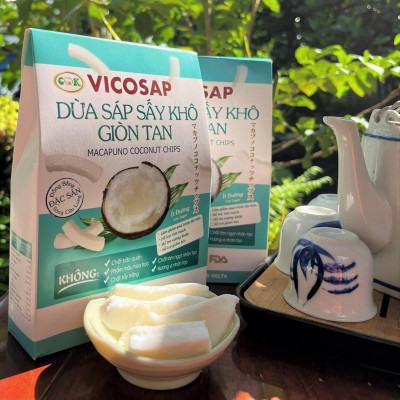 Dừa sáp sấy giòn cao cấp VICOSAP ít đường đồ ăn vặt healthy đặc sản Trà Vinh hộp 50gr