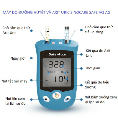 Máy đo đường huyết, Axit Uric 2 trong 1 Sinocare Safe AQ UG Tặng kèm 50 que thử đường huyết và 50 que thử Axit Uric