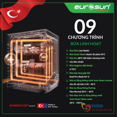 Máy rửa bát Eurosun SMS80EU21BT - Hàng chính hãng
