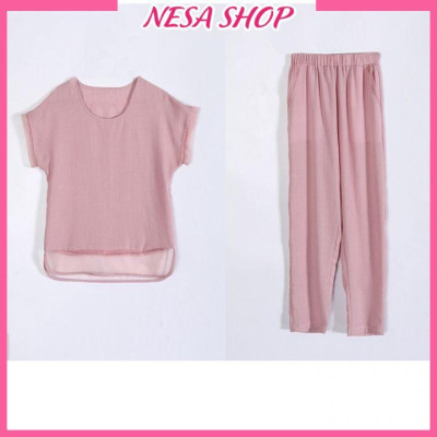 Đồ bộ trung niên tay ngắn cho Bà cho Mẹ, chất liệu Đũi mát mẻ, thấm hút mồ hôi, đồ bộ mặc nhà NeSa Shop ĐBH.27
