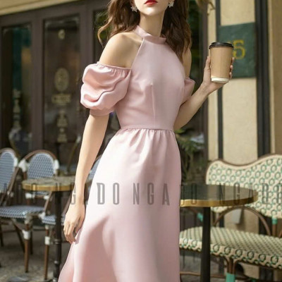 Đầm hồng cổ yếm tay phồng NGADO , đầm cổ yếm , đầm kiểu Nữ