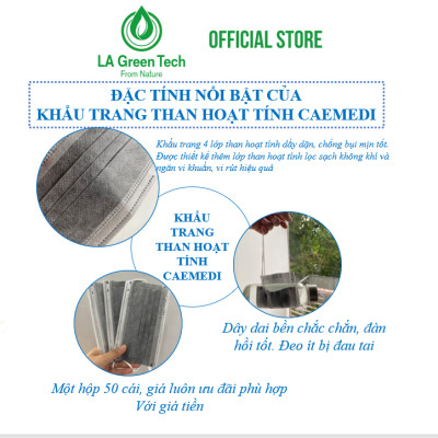 Khẩu trang y tế CAEMEDI 4 lớp Than Hoạt Tính, kháng khuẩn, lọc bụi bẩn chuẩn BFE, FDA xuất khẩu Châu Âu - Hộp 50 Cái