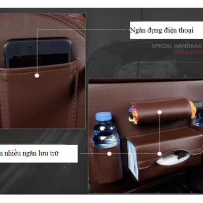 Túi treo đồ kiêm giá để đồ bằng da trên ô tô màu đen và nâu