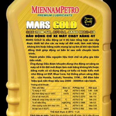 Dầu Nhớt MiennamPetro Mars Gold Motor Oil 4T 20W-50 API SJ JASO MA2 1L Bảo Vệ Động Cơ Xe Máy 4 Thì Cao Cấp