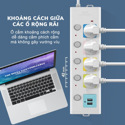 Ổ Cắm Điện USB Đa Năng Cao Cấp Chống Giật 2 Cổng Cắm USB Công Suất 2500W, Có Chốt An Toàn Dây 2m /5m Tiện Dụng