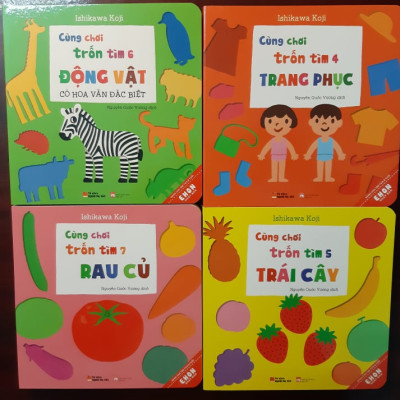 Combo 4 cuốn Ehon Nhật Bản Cùng chơi trốn tìm 4 Trang phục, Cùng chơi trốn tìm 5 Trái cây, Cùng chơi trốn tìm 6 Động vật, Cùng chơi trốn tìm 7 Rau củ