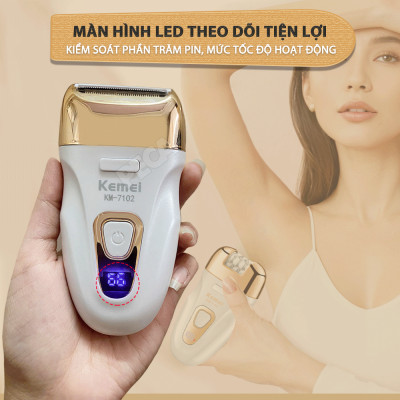 Máy tẩy lông đa năng 3in1 Kemei KM-7102 gồm 3 đầu thay thế chuyên dụng nhổ lông, cạo lông, chà gót chân sử dụng toàn thân - Chính hãng