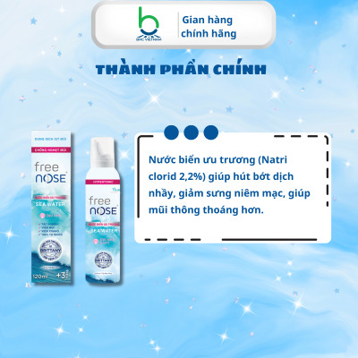 Xịt Mũi Free Nose Ưu Trương Hỗ Trợ Giảm Nghẹt Mũi, Chảy Nước Mũi Dành cho bé từ 3 tháng - Chai 120ml
