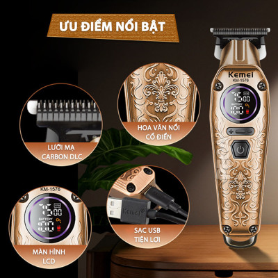 Tông đơ chấn viền Kemei KM-1576 lưỡi cắt mạ carbon cao cấp công suất 5W, điều chỉnh 3 mức tốc độ - Chính hãng