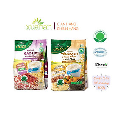Combo 2 túi: Ngũ Cốc Gạo Lứt Huyết Rồng 400G + Ngũ Cốc Yến Mạch Hạnh Nhân Hạt Chia 400G[ít đường](Tặng Kèm 2 Túi Yến Mạch 150G)
