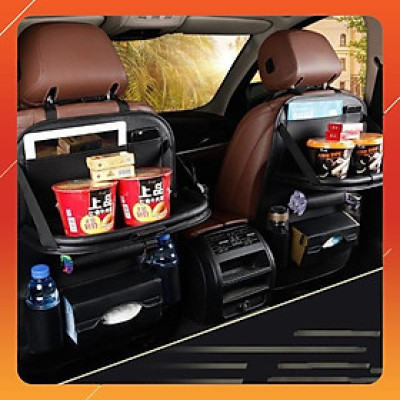 Hot  Túi đựng đồ sau ghế xe ô tô có bàn gập da PU cao cấp (Black) Sky Life
