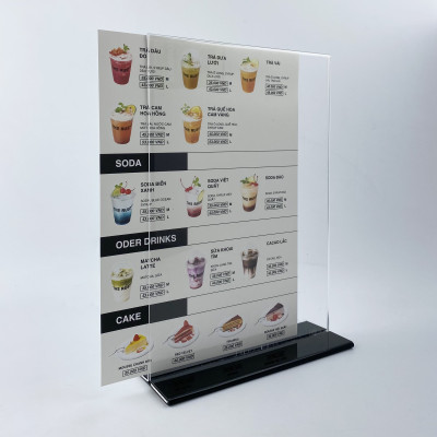 Kệ menu nhà hàng, Standee mica để bàn, Bảng quét mã QR Code, Kệ mica 2 mặt Enter E07-U 150x210mm đế lùa uốn bằng A5 đứng