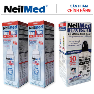 Combo Adult 24h Care: Bình Xịt Rửa Vệ Sinh Mũi Xoang Người Lớn NeilMed Sinus Rinse & Spray -SX Mỹ, Đánh Bật Sổ Mũi, Nghẹt Mũi và Viêm mũi (Bình 10 gói muối rửa; 2 chai xịt phun sương 75ml)