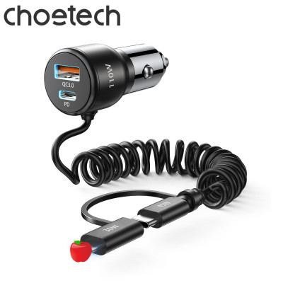 Tẩu sạc nhanh 2 cổng trên ô tô 110W Choetech TC0038 tích hợp cáp lò xo Type C kèm đầu nối IP dài 1.5M (Hàng chính hãng)
