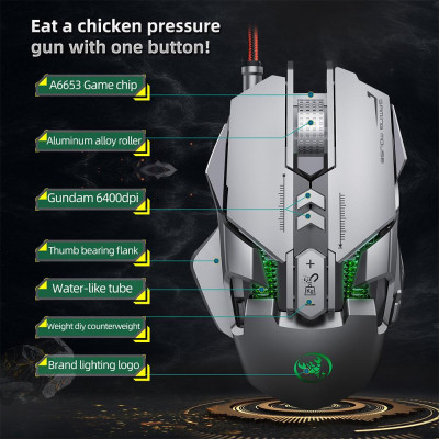Chuột chơi game có dây HXSJ J800  lập trình macro bảy phím với sáu DPI có thể điều chỉnh Hiệu ứng ánh sáng RGB đầy màu sắc