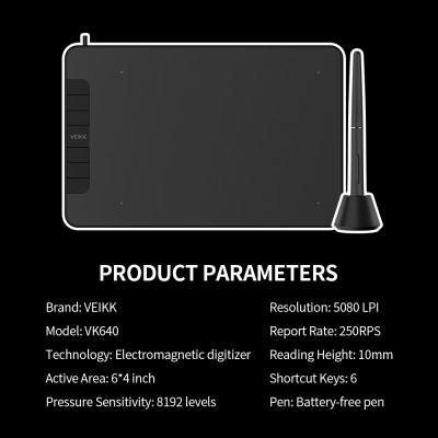 Máy tính bảng đồ họa VEIKK VK640 kỹ thuật số với 8192 mức Độ nhạy áp suất 5080LPI Độ phân giải 250RPS