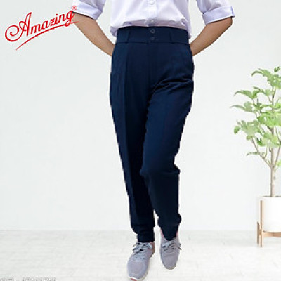 Quần nữ Amazing lưng cao 2 nút đồng phục học sinh vải tuyết mưa dày mềm không nhăn màu xanh đen và đen