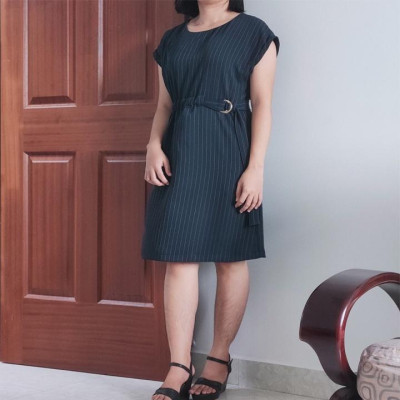 Đầm chữ A New Design thiết kế dáng suông kẻ sọc kèm dây lưng phong cách Hàn Quốc xuân hè kèm ảnh thật