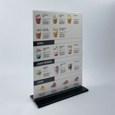 Kệ menu nhà hàng, Standee mica để bàn, Bảng quét mã QR Code, Kệ mica 2 mặt Enter E07-U 150x210mm đế lùa uốn bằng A5 đứng