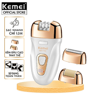 Máy tẩy lông đa năng 3in1 Kemei KM-7102 gồm 3 đầu thay thế chuyên dụng nhổ lông, cạo lông, chà gót chân sử dụng toàn thân - Chính hãng