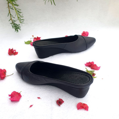 Giày Sục nữ da bò đế xuồng 5cm mũi nhọn màu xanh đen Trường Hải S129 CÓ SIZE LỚN