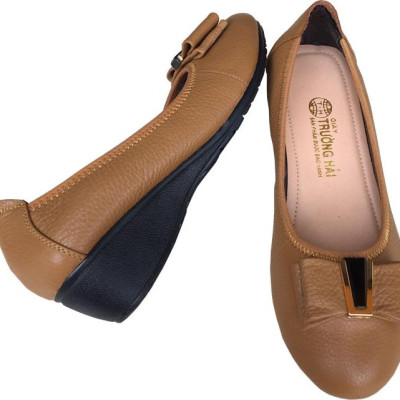 Giày đế xuồng nữ 3cm Trường Hải  đính nơ xinh da bò mềm mại màu vàng thời trang , đế xuống cao su DX0132