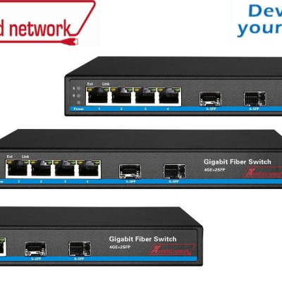 6 port unmanaged Ethernet switch, 4 port Gigabit Ethernet, 2 SFP