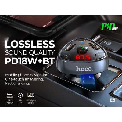 TẨU SẠC NHANH OTO PHÁT NHẠC HOCO E51 FM/BLUETOOTH- 2 SẠC USB/ 1 TYPE C PD 18W/ HỖ TRƠ THẺ NHỚ TF-BẢO HÀNH CHÍNH HÃNG.