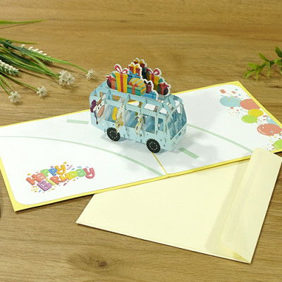 Thiệp 3D Pop Up Xe Buýt Chở Quà Sinh Nhật – Thiệp Chúc Mừng Sinh Nhật Ngộ Nghĩnh, Dễ Thương, B20