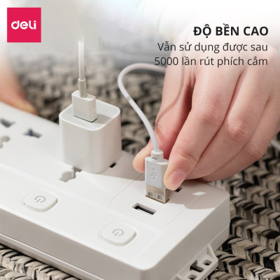 Ổ Cắm Điện Đa Năng DELI Sạc Nhanh TypeC USB PD20W 2-12 Ổ Vuông Dẹt Chịu Tải 2500W, Cầu Chì Tự Ngắt