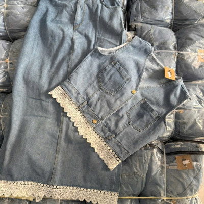 Set Váy Jean Dài Phối Áo Sát Nách Kèm Ren Nữ