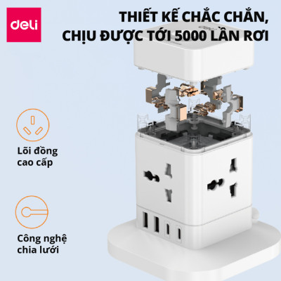 Ổ Cắm Điện Đa Năng DELI Sạc Nhanh TypeC USB PD20W 2-12 Ổ Vuông Dẹt Chịu Tải 2500W, Cầu Chì Tự Ngắt