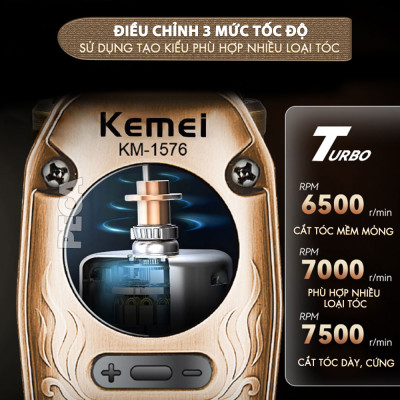 Tông đơ chấn viền Kemei KM-1576 lưỡi cắt mạ carbon cao cấp công suất 5W, điều chỉnh 3 mức tốc độ - Chính hãng