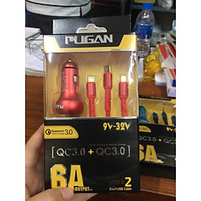 Tẩu sạc nhanh kèm dây cáp 3 đầu Ô tô chính hãng Pugan với 2 chức năng sạc thông minh và sạc siêu tốc 4.8A
