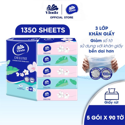 [MUA 3 LỐC KHĂN RÚT SIZE M TẶNG 1 LỐC SIZE S + 1 MÓC KHÓA] Khăn giấy rút cao cấp Vinda Deluxe 3 lớp 90 tờ size M (5 Gói)