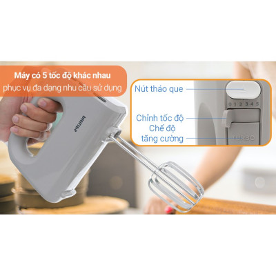 Máy đánh trứng, trộn bột cầm tay Philips HR3705, công suất 300W, 5 tốc độ, bảo hành 2 năm|Hàng Chính Hãng