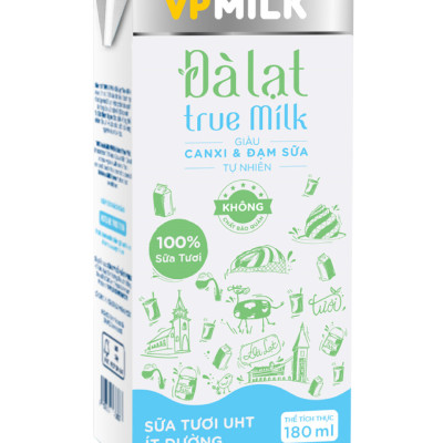 Sữa tươi UHT Đà Lạt True Milk VPMilk ÍT ĐƯỜNG thể tích 180ml (Thùng 48 hộp)