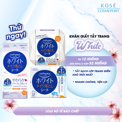 Khăn Giấy Tẩy Trang Dưỡng Trắng Mịn Da Kosé Softymo White Cleansing Sheet W (52 miếng)