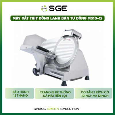 Máy thái, cắt thịt đông lạnh, thái rau củ bán tự động MS12, hàng chính hãng SGE Thailand. Phù hợp dùng cho nhà hàng, hộ kinh doanh thực phẩm, siêu thị, nhà hàng.