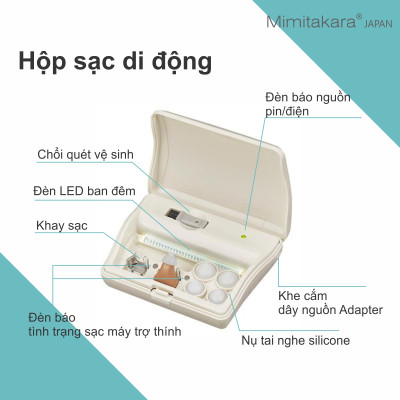 Máy trợ thính siêu nhỏ lỗ tai, hộp sạc di động có đèn Mimitakara (JAPAN) UP-6SXX