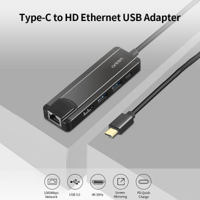 Bộ chuyển đổi onten  USB Ethernet Type-C sang HD 5 trong 1 Hub PD Sạc nhanh / Truyền tốc độ cao / Hỗ trợ 10/100 / 1000Mbps