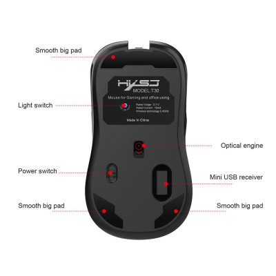 Chuột quang không dây HXSJ T30 2.4GHz có thể sạc lại,đèn nền LED