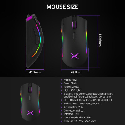 Chuột chơi game có dây Delux M625 7 nút có thể lập trình Chuột công thái học với cảm biến A3050 4000 DPI Đèn nền RGB